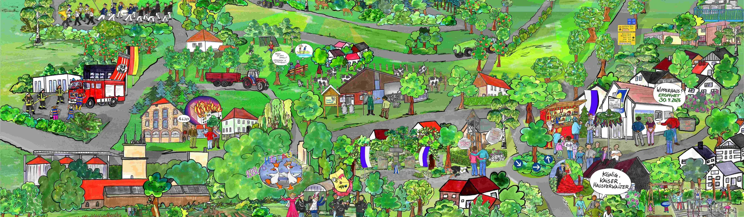 Gemaltes Wimmelbild von Wippringsen mit Häusern, Feuerwehr, Wipper-Haus und Dorfleben
